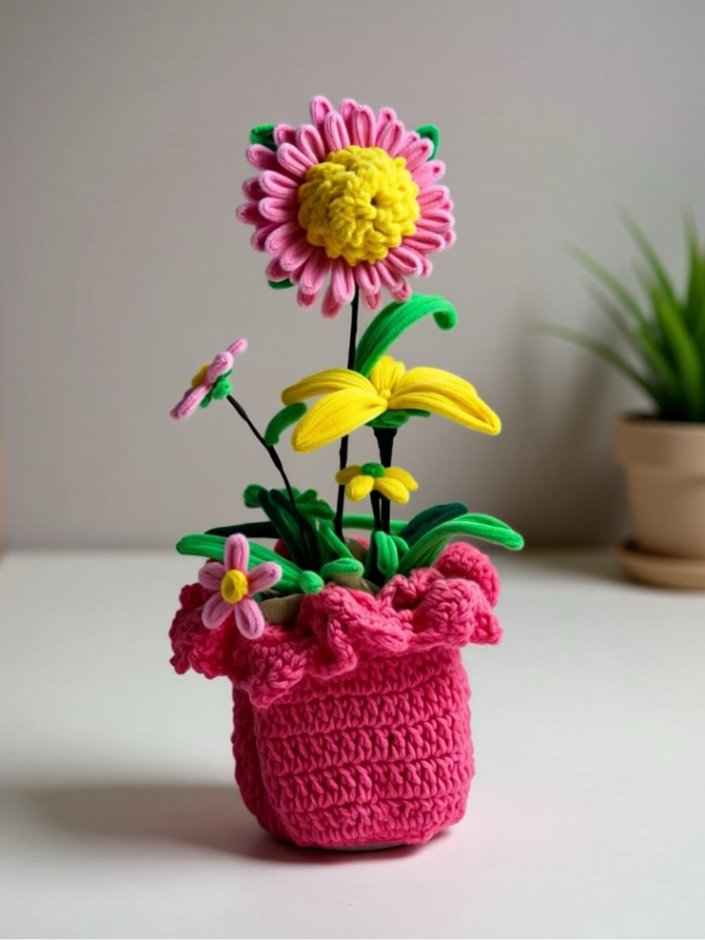 Pink Crochet Floral Accent Pot with Yellow & Green Fabric Flowers
